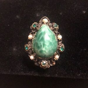 Vintage Green stone and Pearl brooch
